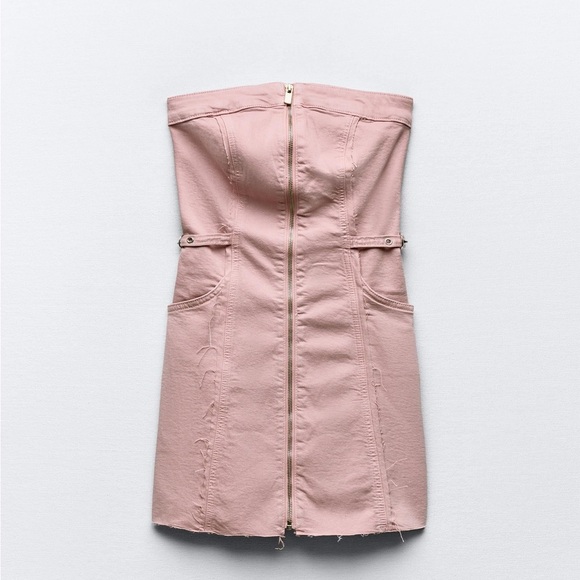Zara Dresses & Skirts - Zara Pink Strapless Denim Distressed Y2K Buckle Dress - size medium